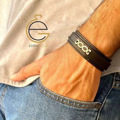 دستبند مردانه طرح هندسی با بند چرم