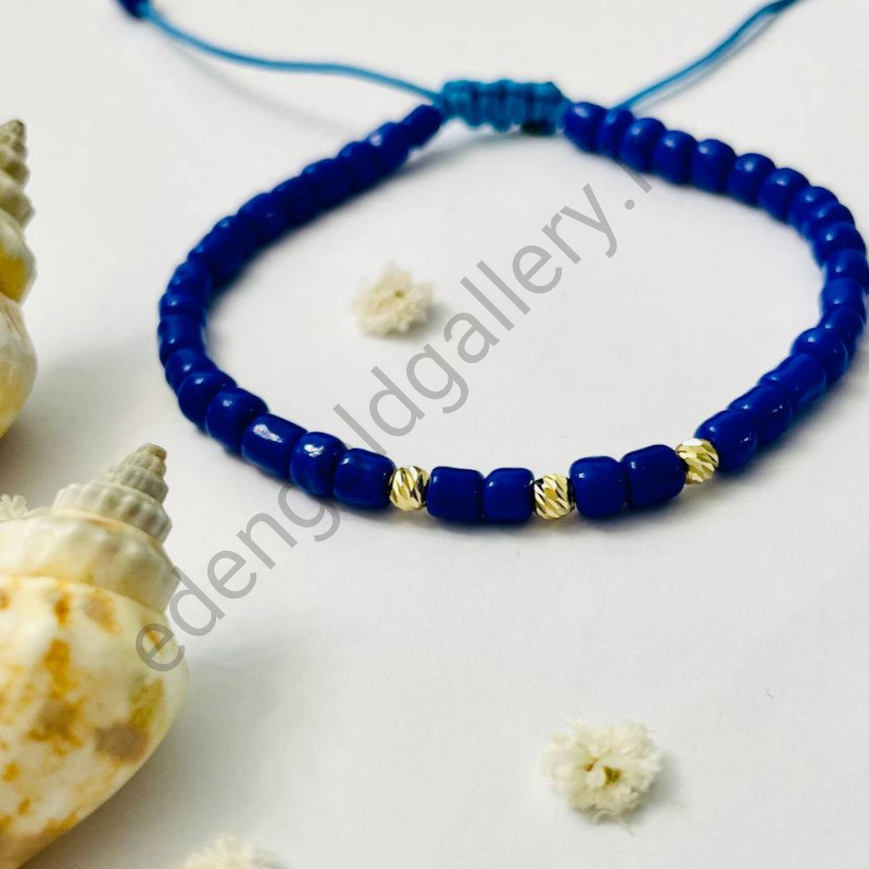 دستبند طلا گوی سایز کوچک 3تایی بند آبی